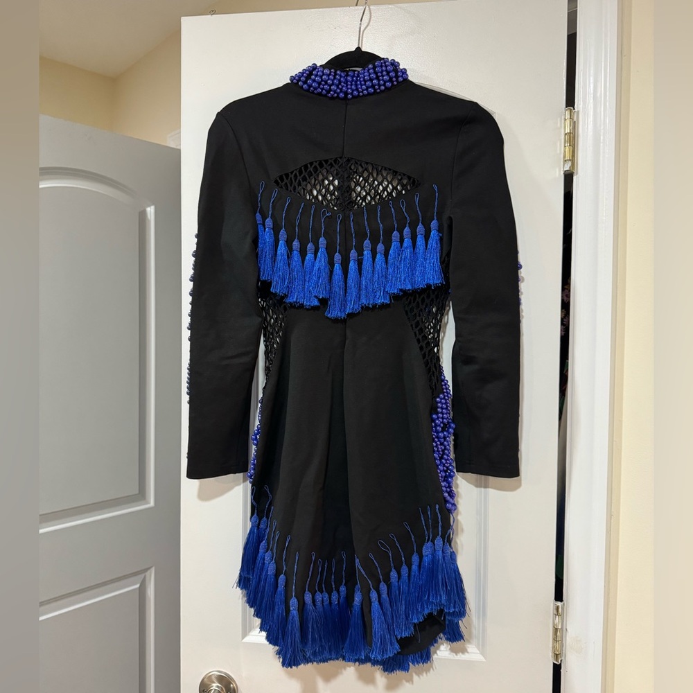 Elegant Blue and Black Women's Dress Beaded Mesh Tassel Dress - Picture 4 of 6
